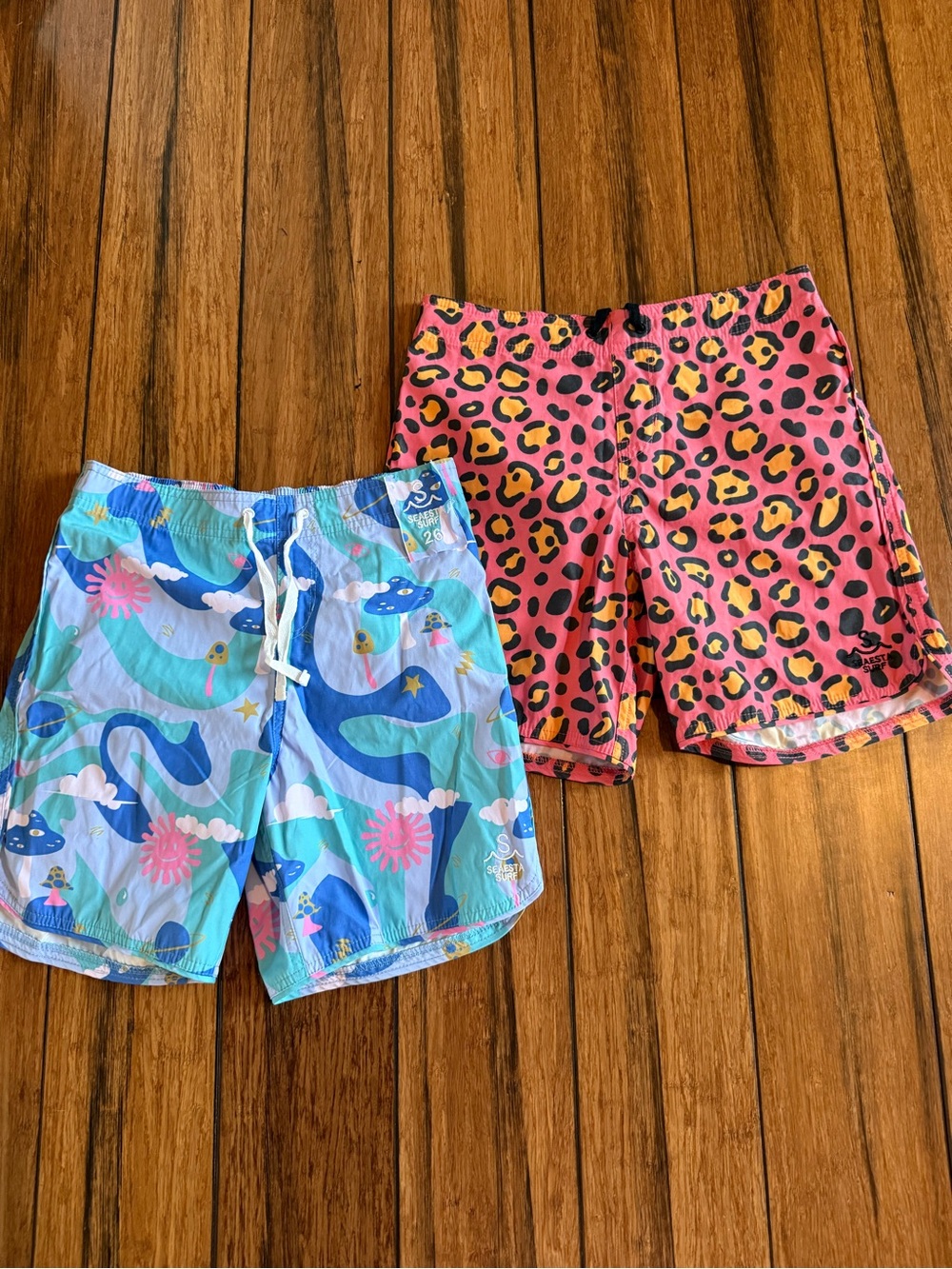 Kids Swim Trunks - Pink Leopard & Blue Surf Print with Drawstring Never Worn